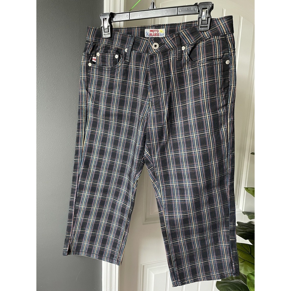 Moto Blues Plaid Capris Long Bermuda Shorts Y2K Grunge Skater Academia Size 6